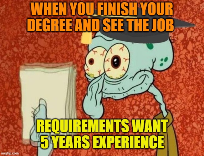 that moment! | WHEN YOU FINISH YOUR DEGREE AND SEE THE JOB; REQUIREMENTS WANT 5 YEARS EXPERIENCE | image tagged in memes | made w/ Imgflip meme maker