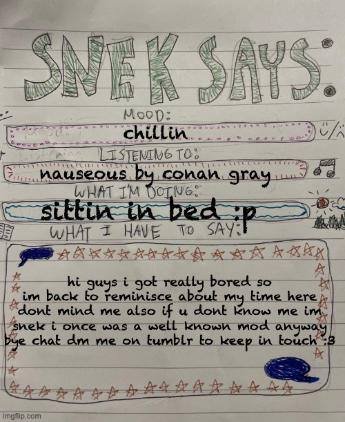 oouuu ahhh scary ghost wheeeee (ps put me in the rip mods section yall i was the goat trust) | chillin; nauseous by conan gray; sittin in bed :p; hi guys i got really bored so im back to reminisce about my time here dont mind me also if u dont know me im snek i once was a well known mod anyway bye chat dm me on tumblr to keep in touch :3 | image tagged in sneks says paper version | made w/ Imgflip meme maker
