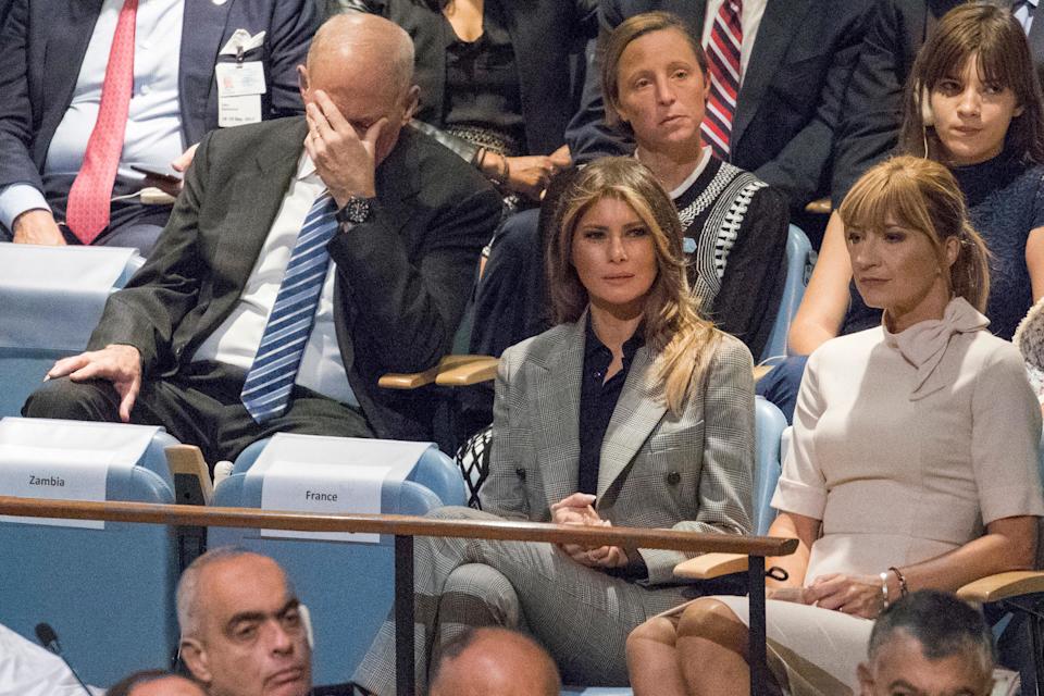 Marine Corps Gen. John Kelly face hidden while Trump talks crap. Blank Meme Template