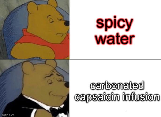Tuxedo Winnie The Pooh Meme | spicy water; carbonated capsaicin infusion | image tagged in memes,tuxedo winnie the pooh | made w/ Imgflip meme maker