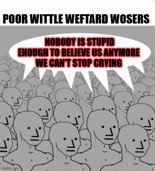 Leftists can't stop losing | POOR WITTLE WEFTARD WOSERS; NOBODY IS STUPID ENOUGH TO BELIEVE US ANYMORE 
WE CAN'T STOP CRYING | image tagged in npcprogramscreed | made w/ Imgflip meme maker