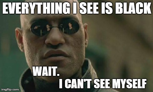 Matrix Morpheus Meme | EVERYTHING I SEE IS BLACK WAIT.                                                    I CAN'T SEE MYSELF | image tagged in memes,matrix morpheus | made w/ Imgflip meme maker