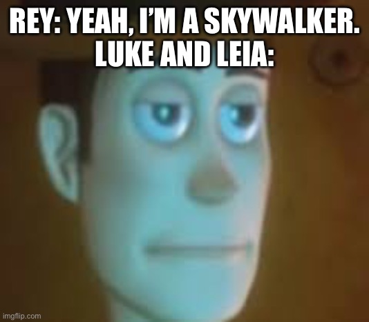 I mostly hate Rey as a character because of this. | REY: YEAH, I’M A SKYWALKER.

LUKE AND LEIA: | image tagged in disappointed woody | made w/ Imgflip meme maker