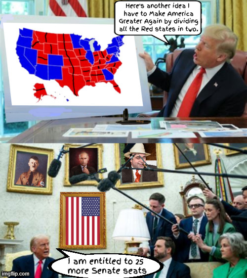Trump knows division but not percentages | Here's another idea I
 have to Make America
 Greater Again by dividing
 all the Red states in two. I am entitled to 25 
more Senate seats | image tagged in maga monarchy,the divided states of america,hitler putin capone,25 more senate seats | made w/ Imgflip meme maker