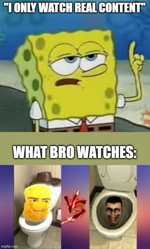 "I ONLY WATCH REAL CONTENT"; WHAT BRO WATCHES: | image tagged in memes,i'll have you know spongebob | made w/ Imgflip meme maker