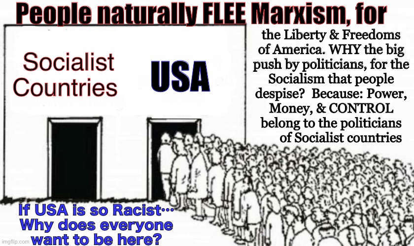 Lefty Politicians want the Power Money Control.  Lefty wants the FREE STUFF, yay! | People naturally FLEE Marxism, for; USA; the Liberty & Freedoms
of America. WHY the big
push by politicians, for the
Socialism that people
despise?  Because: Power,
Money, & CONTROL
belong to the politicians
      of Socialist countries; Socialist
Countries; If USA is so Racist…
Why does everyone
want to be here? | image tagged in two doors crowd,lefty scoundrels,just a bunch of terrible human beings,many r evil,progressives fjb voters kissmyass | made w/ Imgflip meme maker