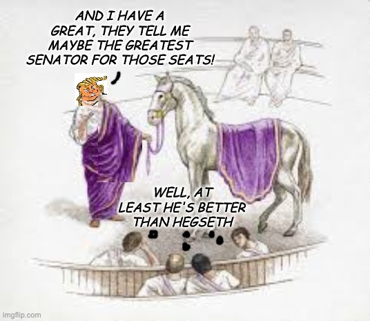 GOP Gerrymander endgame | AND I HAVE A GREAT, THEY TELL ME MAYBE THE GREATEST SENATOR FOR THOSE SEATS! WELL, AT LEAST HE'S BETTER THAN HEGSETH | image tagged in trump,idiocracy,caligula,tyrant,history | made w/ Imgflip meme maker