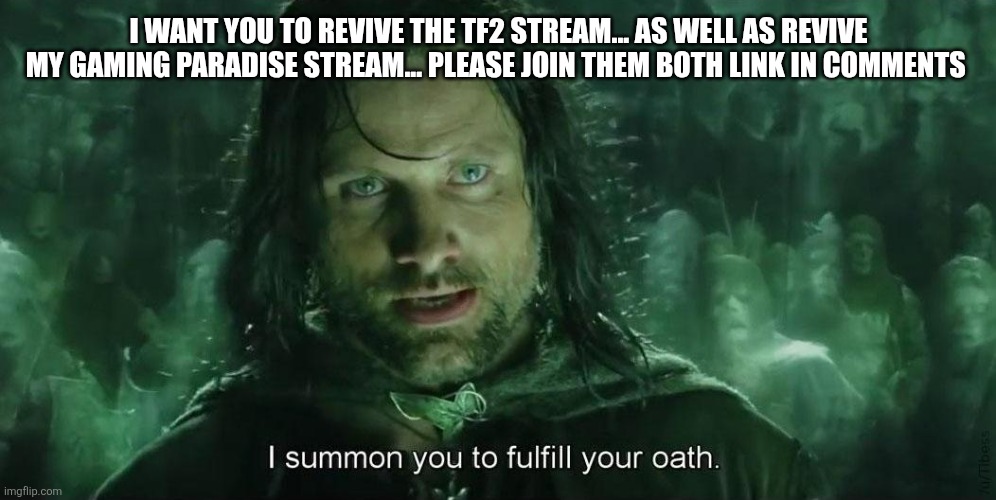 Sans in topic | I WANT YOU TO REVIVE THE TF2 STREAM... AS WELL AS REVIVE MY GAMING PARADISE STREAM... PLEASE JOIN THEM BOTH LINK IN COMMENTS | image tagged in i summon you to fullfil your oath | made w/ Imgflip meme maker