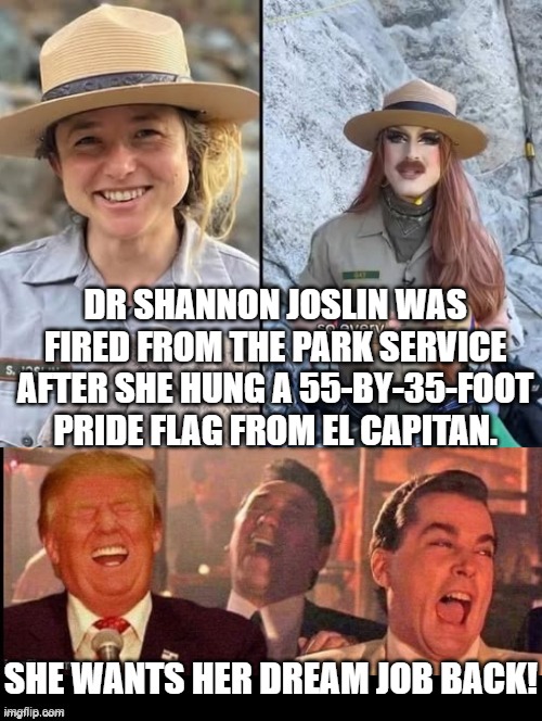 I want my job back!!! | DR SHANNON JOSLIN WAS FIRED FROM THE PARK SERVICE AFTER SHE HUNG A 55-BY-35-FOOT PRIDE FLAG FROM EL CAPITAN. SHE WANTS HER DREAM JOB BACK! | image tagged in sam elliott special kind of stupid | made w/ Imgflip meme maker