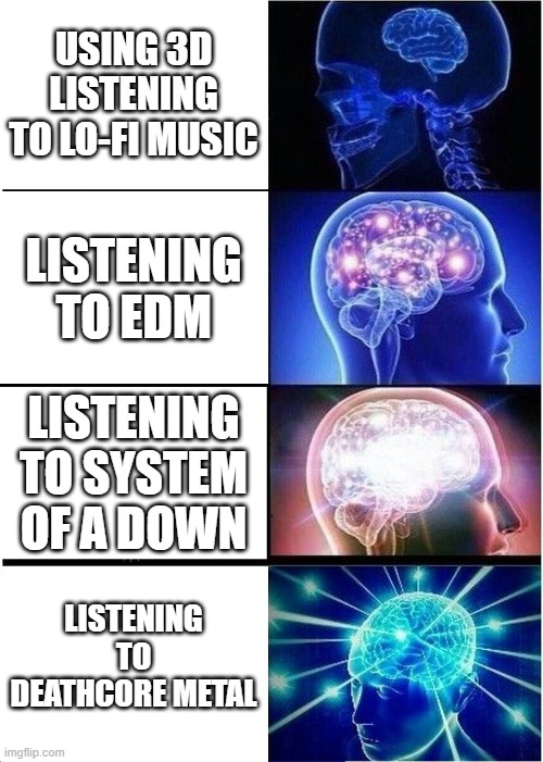 Using 3D listening to Music | USING 3D LISTENING TO LO-FI MUSIC; LISTENING TO EDM; LISTENING TO SYSTEM OF A DOWN; LISTENING TO DEATHCORE METAL | image tagged in memes,expanding brain | made w/ Imgflip meme maker