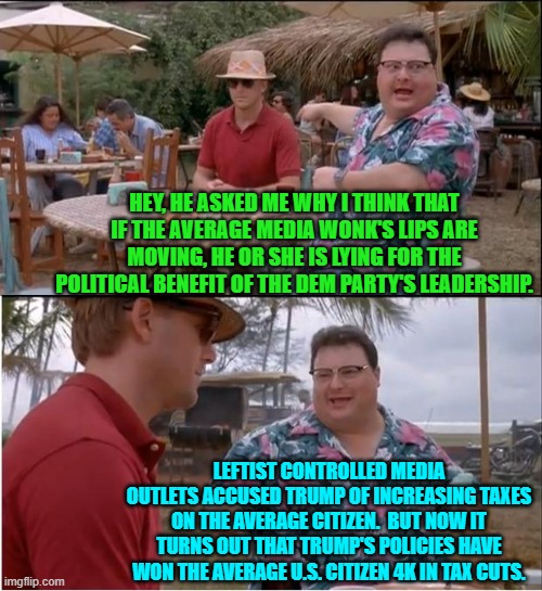 Truth and honesty have got NOTHING to do with what comes out of the mouths of leftist media wonks. | HEY, HE ASKED ME WHY I THINK THAT IF THE AVERAGE MEDIA WONK'S LIPS ARE MOVING, HE OR SHE IS LYING FOR THE POLITICAL BENEFIT OF THE DEM PARTY'S LEADERSHIP. LEFTIST CONTROLLED MEDIA OUTLETS ACCUSED TRUMP OF INCREASING TAXES ON THE AVERAGE CITIZEN.  BUT NOW IT TURNS OUT THAT TRUMP'S POLICIES HAVE WON THE AVERAGE U.S. CITIZEN 4K IN TAX CUTS. | image tagged in see nobody cares | made w/ Imgflip meme maker