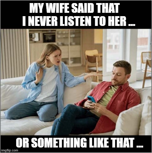 A Failure To Communicate ? | MY WIFE SAID THAT
    I NEVER LISTEN TO HER ... OR SOMETHING LIKE THAT ... | image tagged in communication,ignore,wife | made w/ Imgflip meme maker