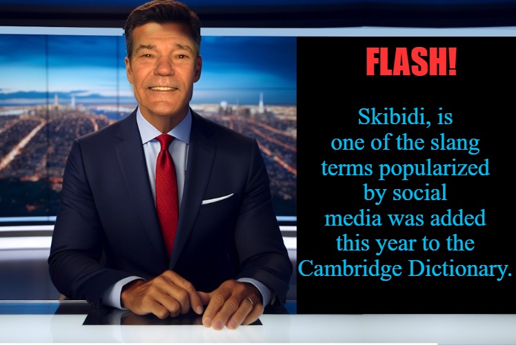 lewcaster | FLASH! Skibidi, is one of the slang terms popularized by social media was added this year to the Cambridge Dictionary. | image tagged in lewcaster | made w/ Imgflip meme maker