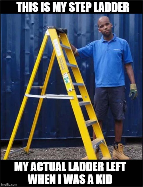 Ladder Abandonment Issues | THIS IS MY STEP LADDER; MY ACTUAL LADDER LEFT
WHEN I WAS A KID | image tagged in ladder,abandoned,dark humour | made w/ Imgflip meme maker