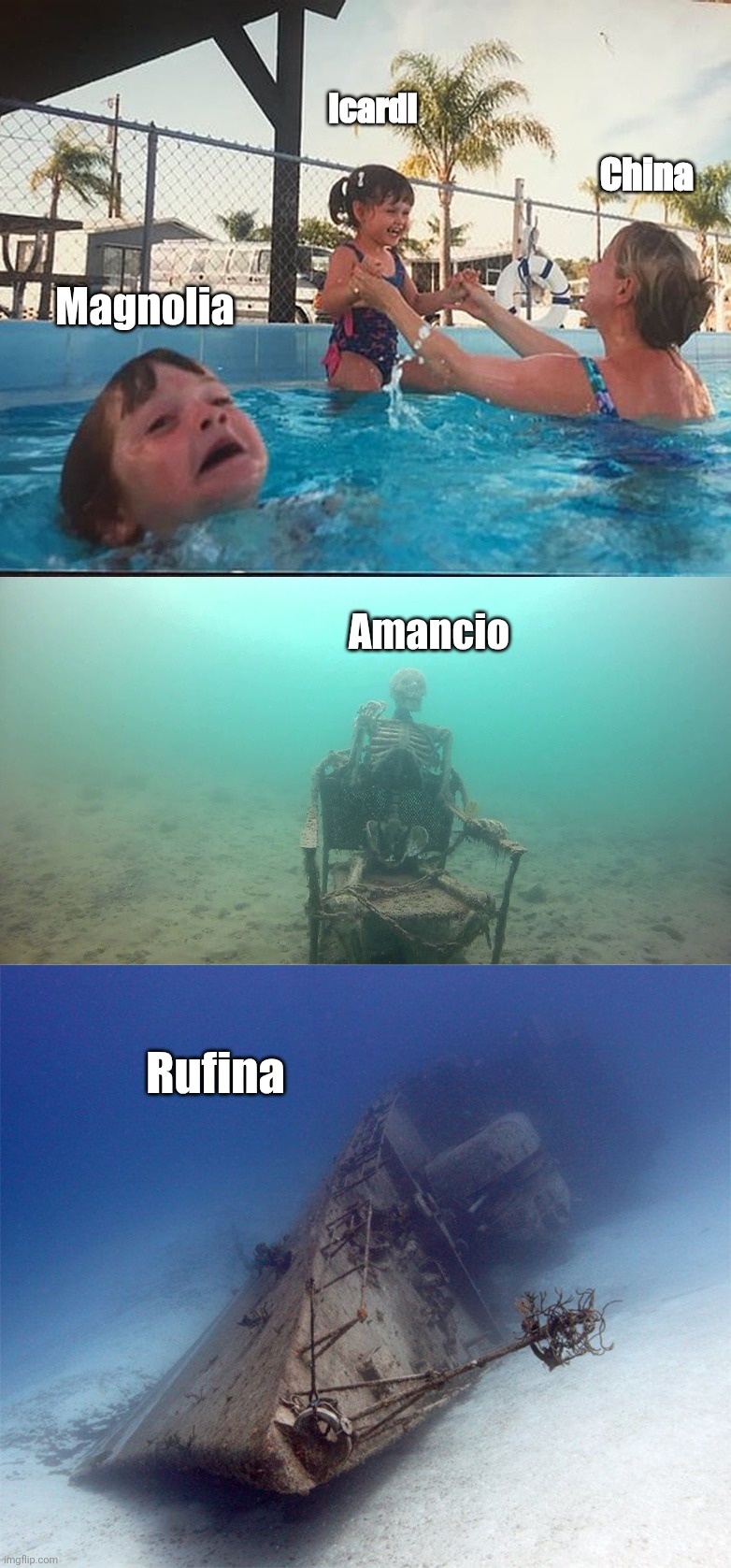 Mother ignores her child drowning, a skeleton in the pool, a shi | Icardi; China; Magnolia; Amancio; Rufina | image tagged in mother ignores her child drowning a skeleton in the pool a shi | made w/ Imgflip meme maker