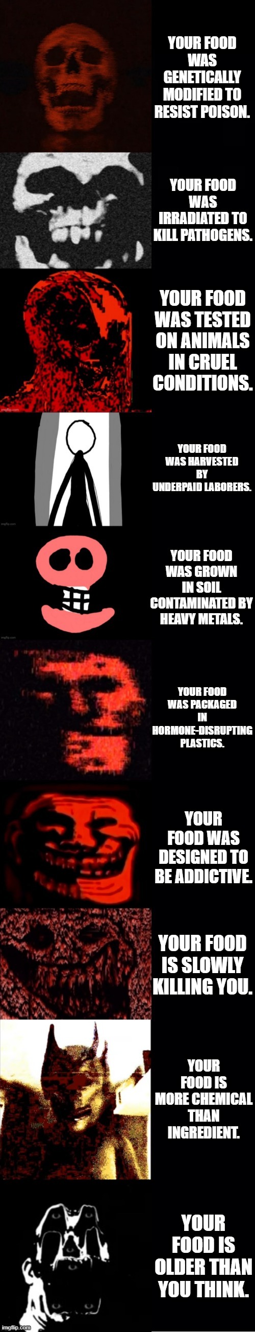 Mr Incredible becoming Uncanny: Disturbing Food (Part 4) | YOUR FOOD WAS GENETICALLY MODIFIED TO RESIST POISON. YOUR FOOD WAS IRRADIATED TO KILL PATHOGENS. YOUR FOOD WAS TESTED ON ANIMALS IN CRUEL CONDITIONS. YOUR FOOD WAS HARVESTED BY UNDERPAID LABORERS. YOUR FOOD WAS GROWN IN SOIL CONTAMINATED BY HEAVY METALS. YOUR FOOD WAS PACKAGED IN HORMONE-DISRUPTING PLASTICS. YOUR FOOD WAS DESIGNED TO BE ADDICTIVE. YOUR FOOD IS SLOWLY KILLING YOU. YOUR FOOD IS MORE CHEMICAL THAN INGREDIENT. YOUR FOOD IS OLDER THAN YOU THINK. | image tagged in mr incredible becoming uncanny thewinningson part 4 | made w/ Imgflip meme maker