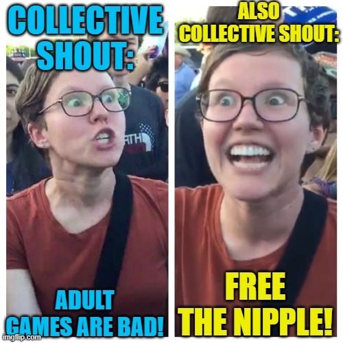 Feminism... Feminism never changes | ALSO COLLECTIVE SHOUT:; COLLECTIVE SHOUT:; FREE THE NIPPLE! ADULT GAMES ARE BAD! | image tagged in social justice warrior hypocrisy,feminism,censorship,hypocrisy | made w/ Imgflip meme maker