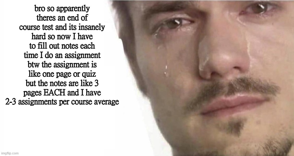 sob | bro so apparently theres an end of course test and its insanely hard so now I have to fill out notes each time I do an assignment
btw the assignment is like one page or quiz but the notes are like 3 pages EACH and I have 2-3 assignments per course average | made w/ Imgflip meme maker