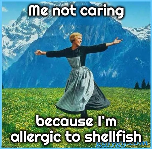 This is me not caring | Me not caring because I'm allergic to shellfish | image tagged in this is me not caring | made w/ Imgflip meme maker