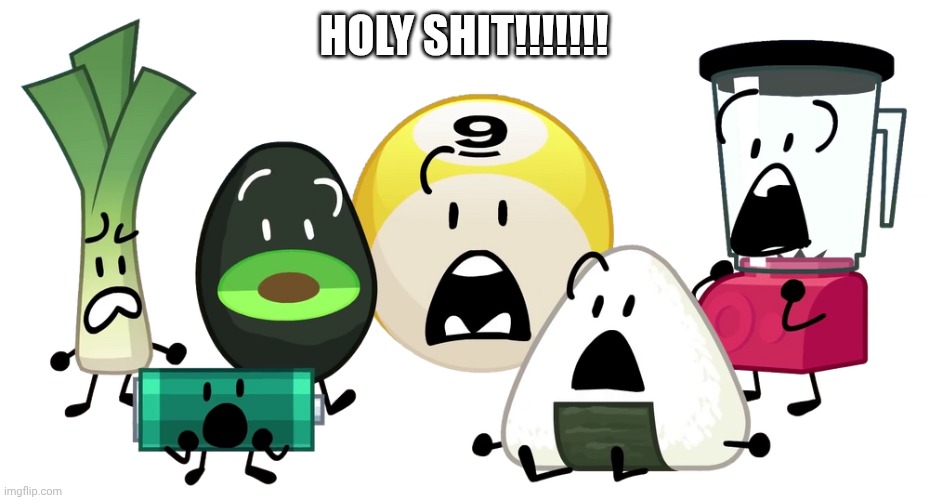 Leek, Battery, Avocado, 9-Ball, Onigiri and Blender gasping | HOLY SHIT!!!!!!! | image tagged in leek battery avocado 9-ball onigiri and blender gasping | made w/ Imgflip meme maker