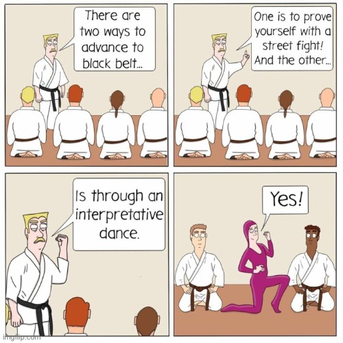 Barely Baked Beans | image tagged in comics,barely baked beans,karate class,black belt,interpretive dance | made w/ Imgflip meme maker