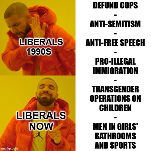 My How the Time Flies When You're Comatose | LIBERALS
          1990S LIBERALS
NOW DEFUND COPS
-
ANTI-SEMITISM
-
ANTI-FREE SPEECH
-
PRO-ILLEGAL
IMMIGRATION
-
TRANSGENDER
OPERATIONS ON
C | image tagged in memes,drake hotline bling,vince vance,liberals,progressives,mentally ill | made w/ Imgflip meme maker
