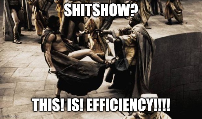 madness - this is sparta | SHITSHOW? THIS! IS! EFFICIENCY!!!! | image tagged in madness - this is sparta | made w/ Imgflip meme maker