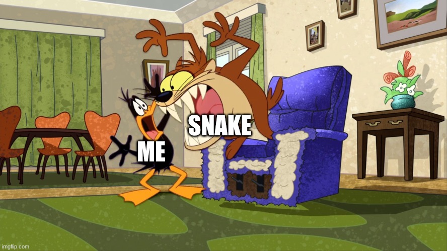 snake jumpscares are scary | SNAKE; ME | image tagged in tasmanian devil vs daffy duck | made w/ Imgflip meme maker