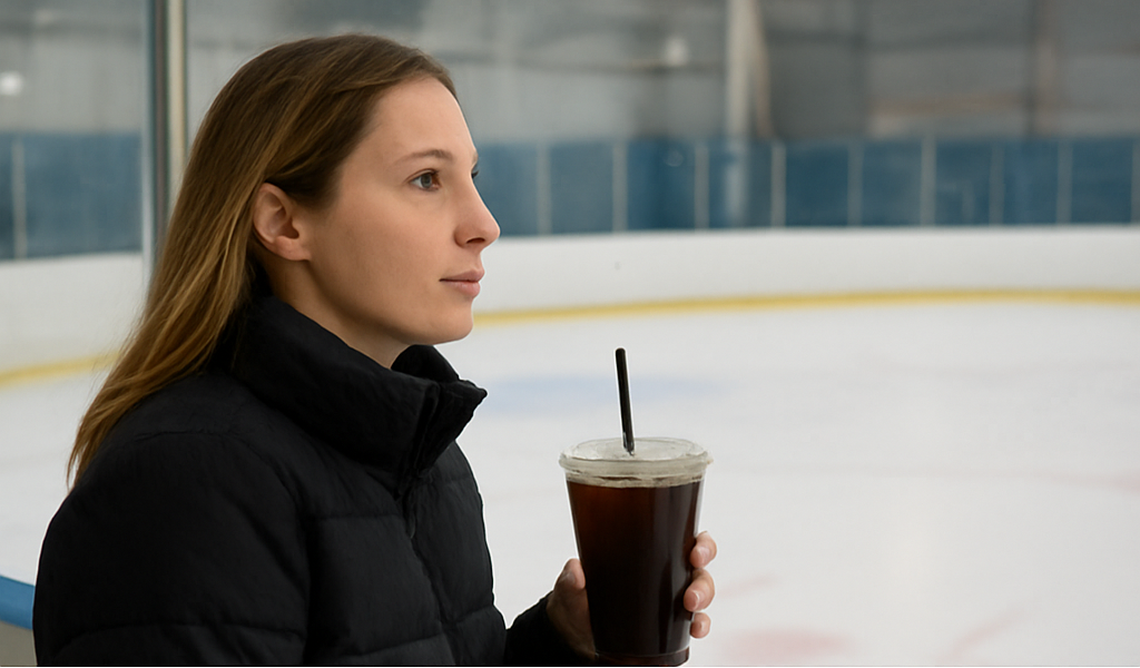 Hockey mom with coffee at rink Blank Meme Template