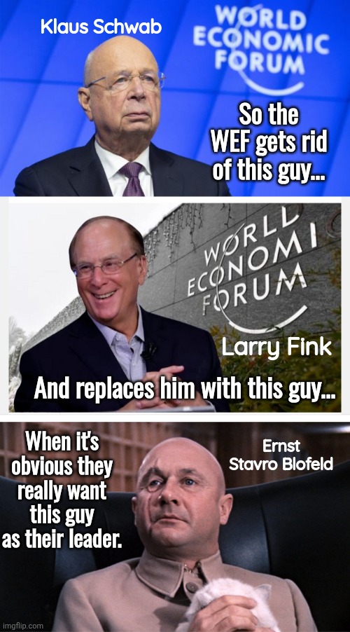 WEF looking for Blofeld to lead them | Klaus Schwab; So the WEF gets rid of this guy... Larry Fink; And replaces him with this guy... When it's obvious they really want this guy as their leader. Ernst Stavro Blofeld | image tagged in klaus schwab wef blue banner,larry fink new wef boss,blofeld | made w/ Imgflip meme maker