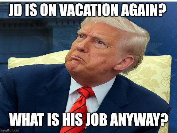 JD? The one with the Indian wife, sir. | JD IS ON VACATION AGAIN? WHAT IS HIS JOB ANYWAY? | image tagged in trump,jd on vacation again,living it up on taxpayer money,everyone in world hates jd | made w/ Imgflip meme maker