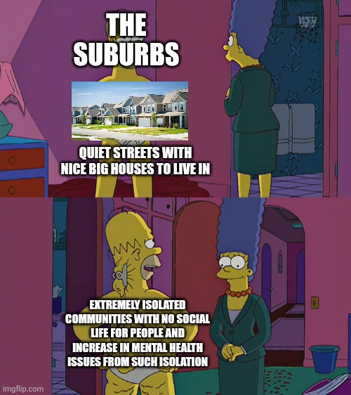 A reminder that the suburbs aren't as idyllic as one would think of them to be | THE SUBURBS; QUIET STREETS WITH NICE BIG HOUSES TO LIVE IN; EXTREMELY ISOLATED COMMUNITIES WITH NO SOCIAL LIFE FOR PEOPLE AND INCREASE IN MENTAL HEALTH ISSUES FROM SUCH ISOLATION | image tagged in homer simpson's back fat,suburbs,isolation,living,neighborhood | made w/ Imgflip meme maker