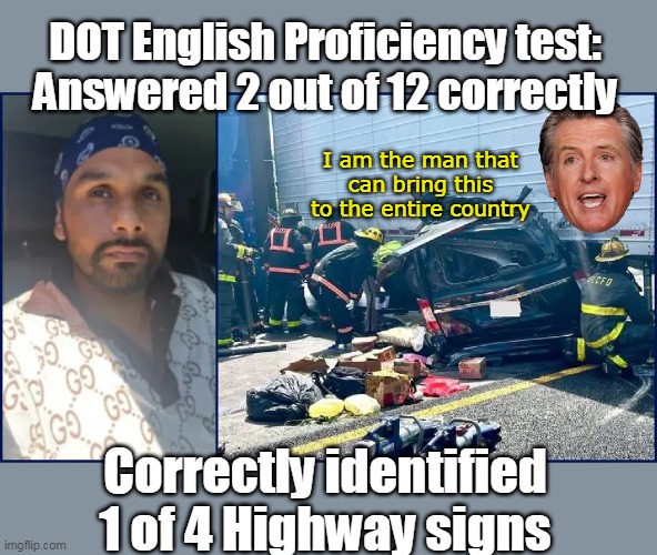 Only KILLED 3, & a lotta FL voters are MAGA so no big loss | DOT English Proficiency test:
Answered 2 out of 12 correctly; I am the man that can bring this to the entire country; Correctly identified 1 of 4 Highway signs | image tagged in illegal cdl driver fails dot assesment meme | made w/ Imgflip meme maker