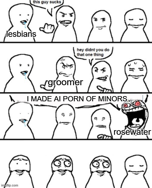 This guy sucks | lesbians groomer I MADE AI PORN OF MINORS rosewater | image tagged in this guy sucks | made w/ Imgflip meme maker
