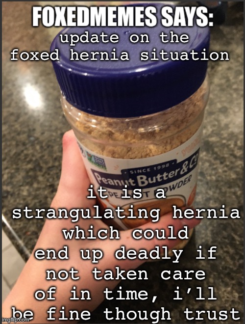 foxedmemes template | it is a strangulating hernia which could end up deadly if not taken care of in time, i’ll be fine though trust; update on the foxed hernia situation | image tagged in foxedmemes template | made w/ Imgflip meme maker