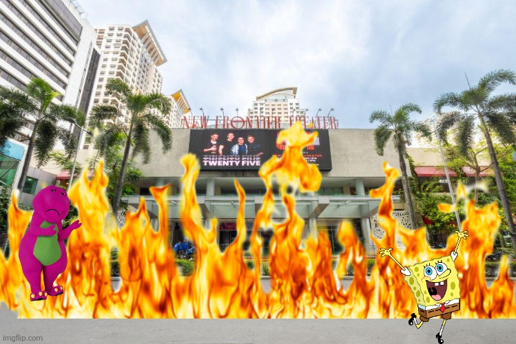 I burnt down the new frontier theater due to Cocomelon | image tagged in cocomelon,spongebob,barney | made w/ Imgflip meme maker