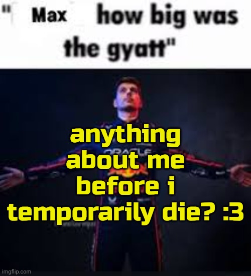 . | anything about me before i temporarily die? :3 | image tagged in max how big was the gyatt | made w/ Imgflip meme maker