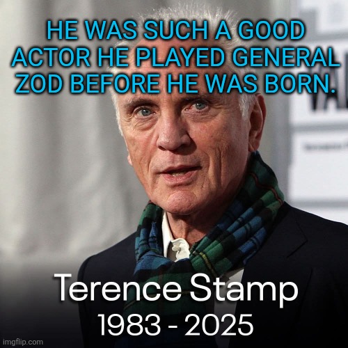 Time traveling actor. | HE WAS SUCH A GOOD ACTOR HE PLAYED GENERAL ZOD BEFORE HE WAS BORN. | image tagged in terrence stamp | made w/ Imgflip meme maker