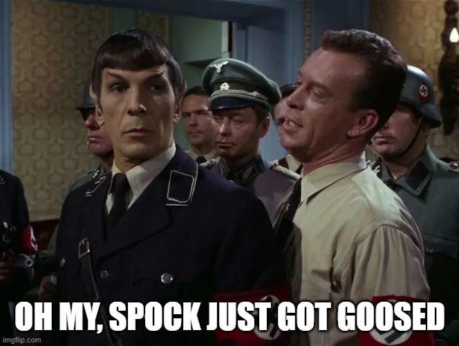 Goosed | OH MY, SPOCK JUST GOT GOOSED | image tagged in star trek nazi spock uncovered by bad guy | made w/ Imgflip meme maker
