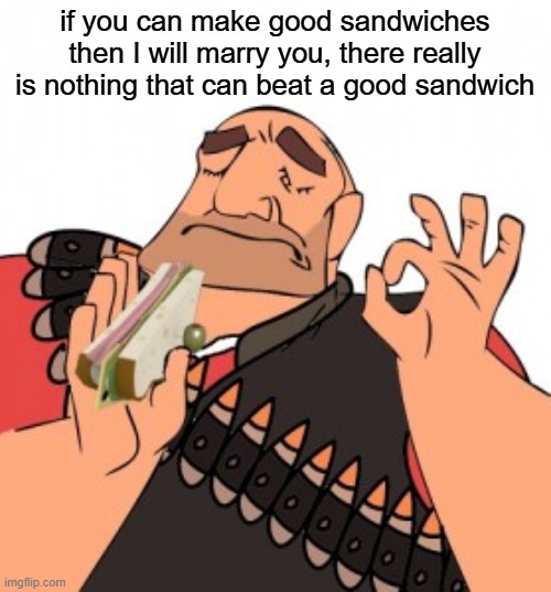 Heavy satisfied | if you can make good sandwiches then I will marry you, there really is nothing that can beat a good sandwich | image tagged in heavy satisfied | made w/ Imgflip meme maker