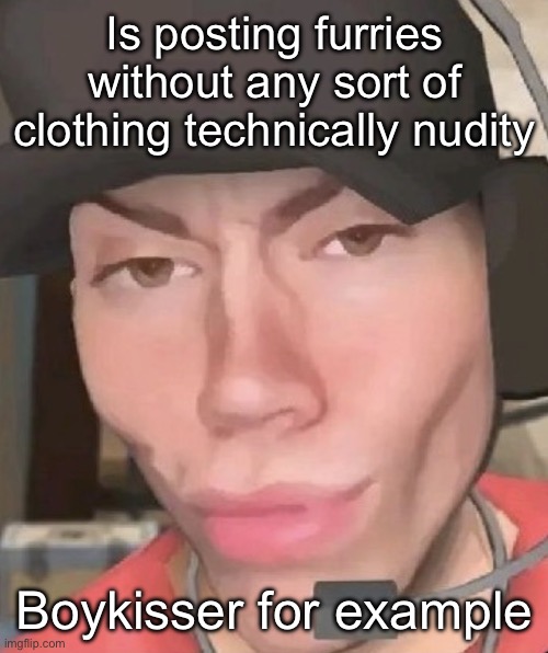 Irl scout | Is posting furries without any sort of clothing technically nudity; Boykisser for example | image tagged in irl scout | made w/ Imgflip meme maker
