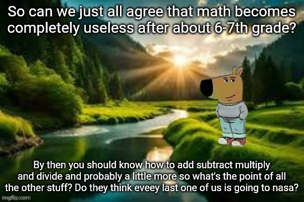 chill guy | So can we just all agree that math becomes completely useless after about 6-7th grade? By then you should know how to add subtract multiply and divide and probably a little more so what's the point of all the other stuff? Do they think eveey last one of us is going to nasa? | image tagged in chill guy | made w/ Imgflip meme maker