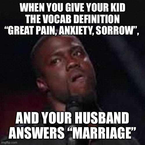 Kevin Hart Mad | WHEN YOU GIVE YOUR KID THE VOCAB DEFINITION “GREAT PAIN, ANXIETY, SORROW”, AND YOUR HUSBAND ANSWERS “MARRIAGE” | image tagged in kevin hart mad | made w/ Imgflip meme maker