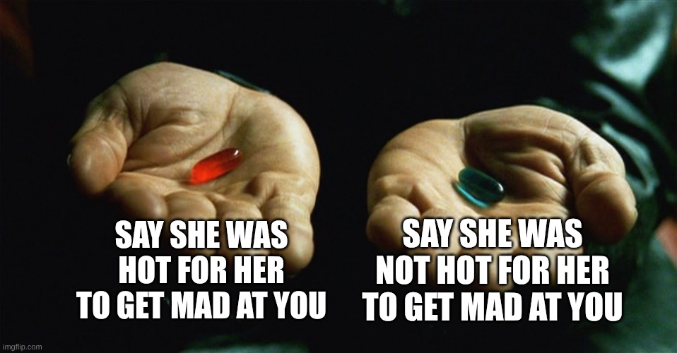 SAY SHE WAS HOT FOR HER TO GET MAD AT YOU SAY SHE WAS NOT HOT FOR HER TO GET MAD AT YOU | image tagged in red pill blue pill | made w/ Imgflip meme maker