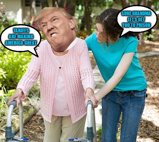china is paying for the tariffs | SURE GRANDMA LET'S GET YOU TO PRISON; TARIFFS ARE MAKING AMERICA GREAT | image tagged in sure grandma let's get you to bed | made w/ Imgflip meme maker