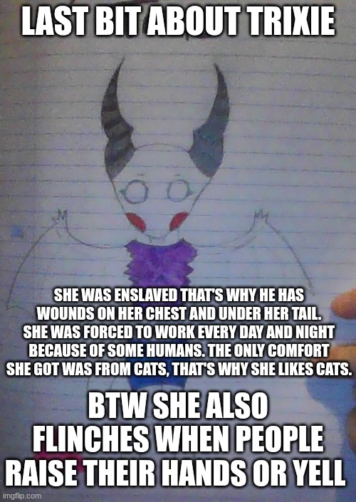 Sorry it got a little sad. | LAST BIT ABOUT TRIXIE; SHE WAS ENSLAVED THAT'S WHY HE HAS WOUNDS ON HER CHEST AND UNDER HER TAIL. SHE WAS FORCED TO WORK EVERY DAY AND NIGHT BECAUSE OF SOME HUMANS. THE ONLY COMFORT SHE GOT WAS FROM CATS, THAT'S WHY SHE LIKES CATS. BTW SHE ALSO FLINCHES WHEN PEOPLE RAISE THEIR HANDS OR YELL | made w/ Imgflip meme maker