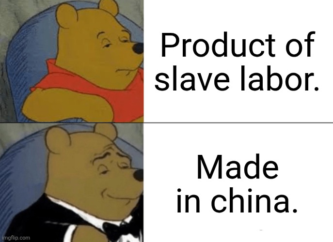 Sweat shop boys | Product of slave labor. Made in china. | image tagged in memes,tuxedo winnie the pooh,made in china,slavery | made w/ Imgflip meme maker