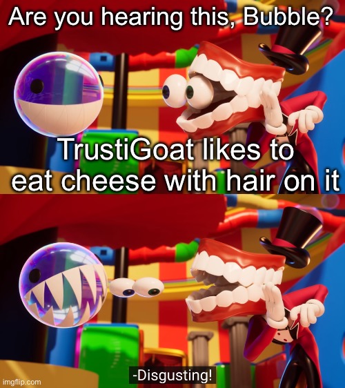 think im going to have to wait...a decade, if I ever want to eat cheese again | Are you hearing this, Bubble? TrustiGoat likes to eat cheese with hair on it | image tagged in do you hear this bubble | made w/ Imgflip meme maker