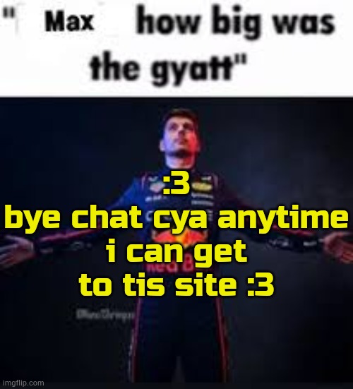 gn | :3
bye chat cya anytime i can get to tis site :3 | image tagged in max how big was the gyatt | made w/ Imgflip meme maker