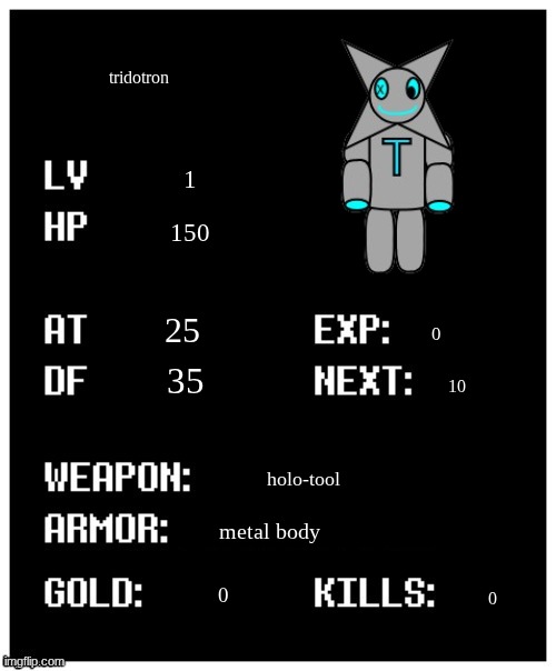 undertale player stats | tridotron; 1; 150; 25; 0; 35; 10; holo-tool; metal body; 0; 0 | image tagged in undertale player stats | made w/ Imgflip meme maker